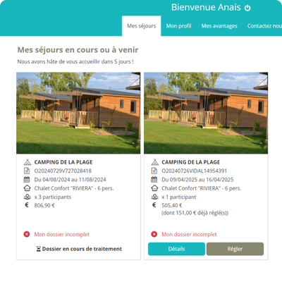 Capture d'un compte client sur le site du camping