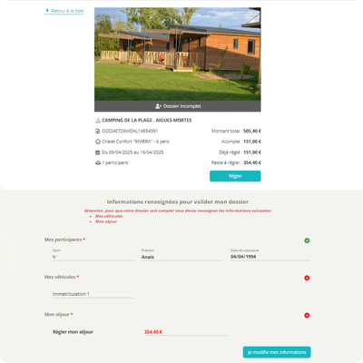 Captures du pre check-in avant un séjour camping