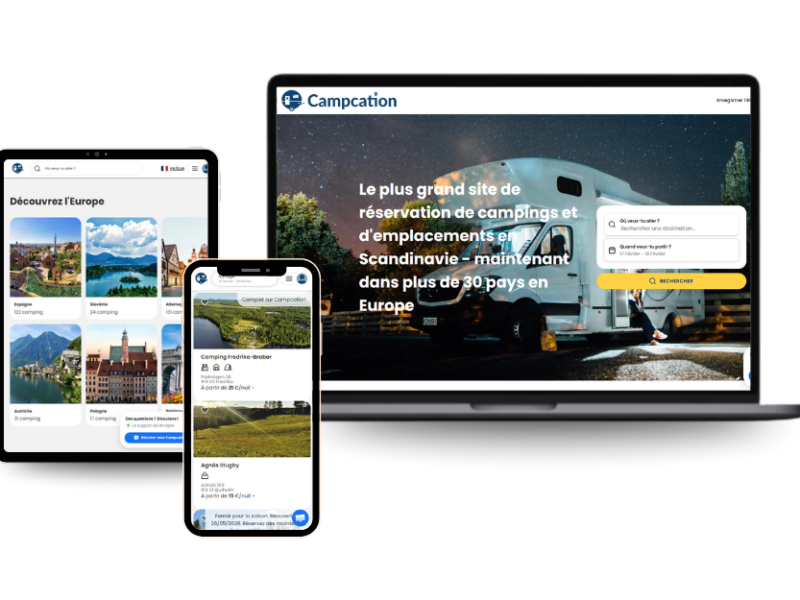 Interface Campcation, plateforme de réservation camping scandinave sur mobile et ordinateur